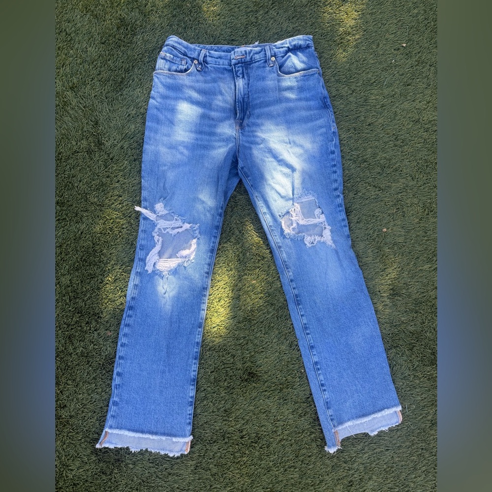 Good American Blue Distressed Straight Leg Jeans